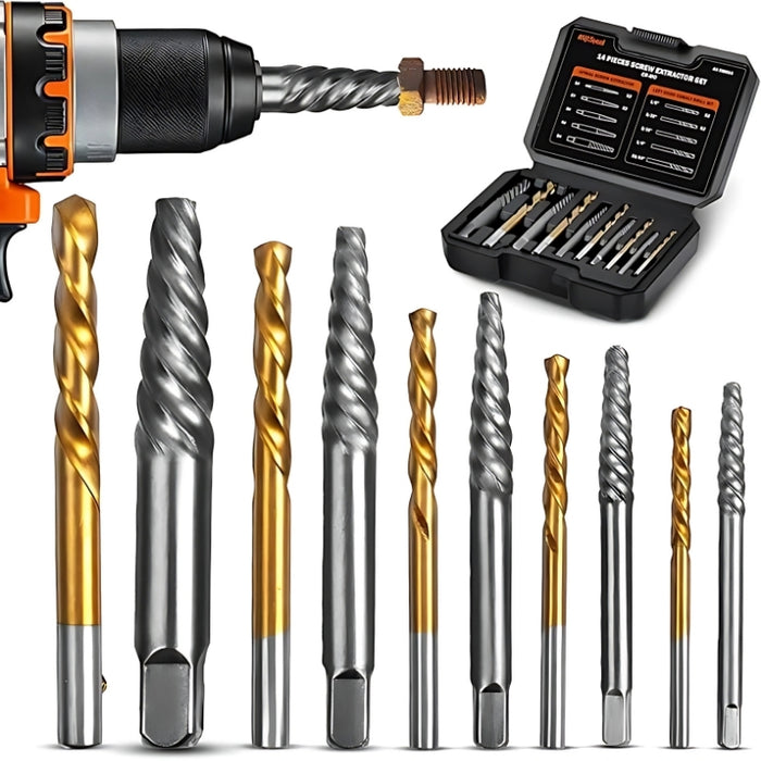 14-Piece Screw Extractor Set & Left-Hand Drill Bit Set – Easy Out Stripped Screw Extractor for Damaged, Rusted, and Rounded-Off Bolts, Nuts, & Screws