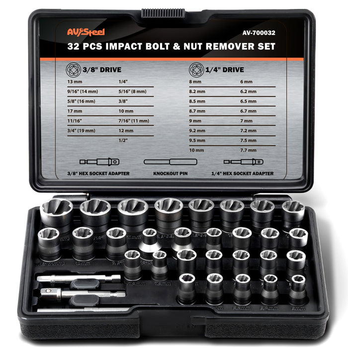 AV Steel Bolt Extractor Kit – 32-Piece Stripped Bolt & Nut Remover Set with Storage Case