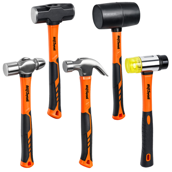 5 Pcs Hammer Set – 32oz Rubber Mallet, 22oz Double-Faced Mallet, 16oz Claw Hammer, 16oz Ball Peen Hammer & 3lb Sledge, Glove