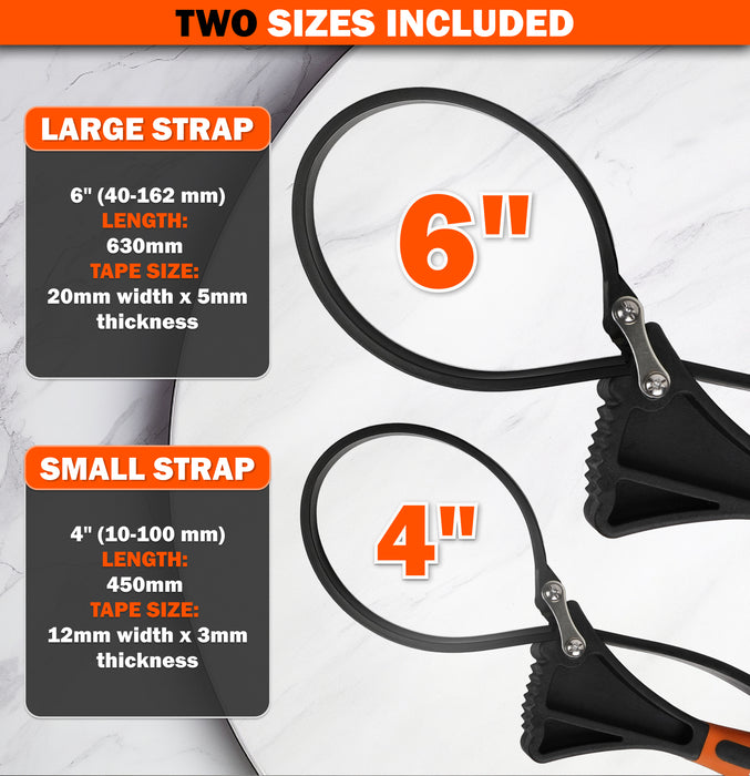 Rubber Strap Wrench 2pcs, Adjustable Oil Filter Strap Wrench with Reinforced Belt, Max Diameter 4" and 6"
