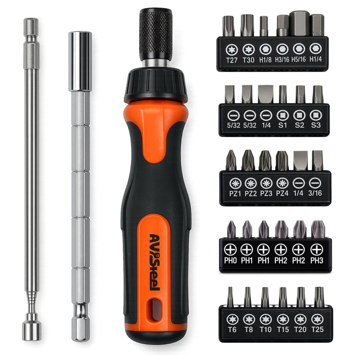 33 Pcs Ratcheting Screwdriver Multi-Bit Set – 30 Bits, Ratchet Handle, Telescoping Magnetic Pick-Up Tool (130-505mm) & 130mm Extension Bar