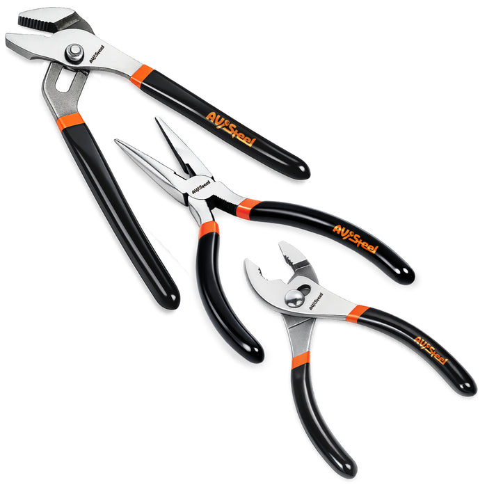 Pliers Set 3 Pcs - Long Nose, Slip Joint, 8 Inch Groove