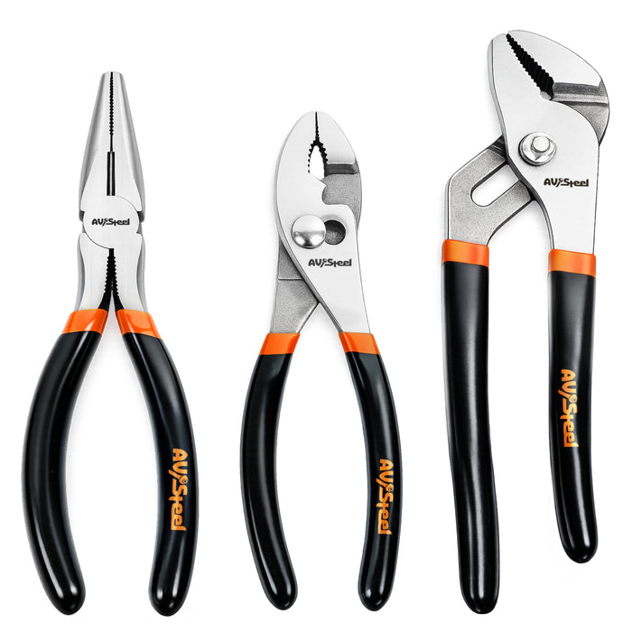 Pliers Set 3 Pcs - Long Nose, Slip Joint, 8 Inch Groove