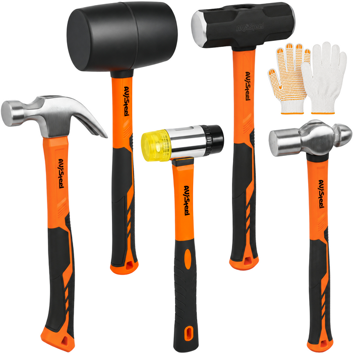 5-Pack Mallet Hammer Set - 32oz Rubber Mallet, 33mm Double-Faced Mallet, 16oz Claw Hammer, 16oz Ball Peen Hammer & 3lb Sledge and Gloves for DIY and Home Repair