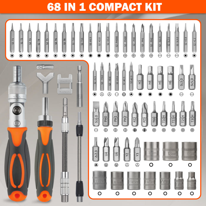 Ratcheting Screwdriver Set 68-in-1, Magnetic Screwdriver Set with Portable Storage Case