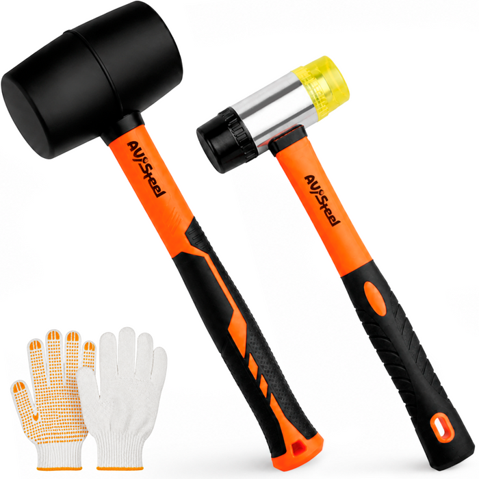 2-Pack Rubber Mallet Hammer Set, 16oz Rubber Hammer & 33mm Double-Faced Soft Mallet with Replaceable Heads and Gloves, Fiberglass Handle, Damage-Free for Flooring, Tile, Woodworking