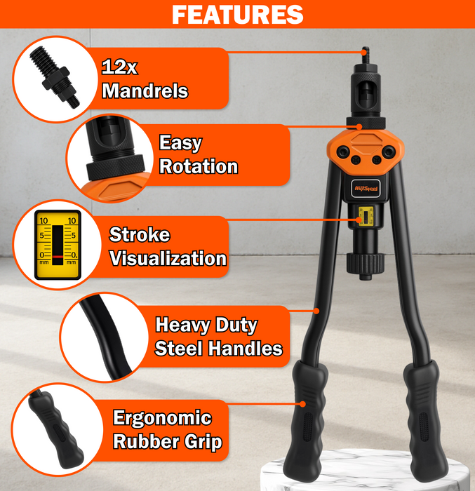 AV Steel 16'' Rivet Nut Tool Kit, Including 12 Upgraded Interchangeable Mandrels & 200Pcs Nuts