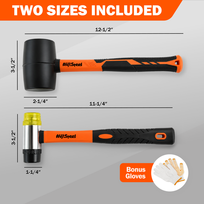 2-Pack Rubber Mallet Hammer Set, 16oz Rubber Hammer & 33mm Double-Faced Soft Mallet with Replaceable Heads and Gloves, Fiberglass Handle, Damage-Free for Flooring, Tile, Woodworking