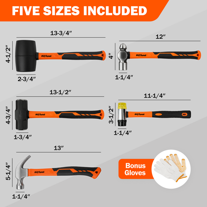 5-Pack Mallet Hammer Set - 32oz Rubber Mallet, 33mm Double-Faced Mallet, 16oz Claw Hammer, 16oz Ball Peen Hammer & 3lb Sledge and Gloves for DIY and Home Repair