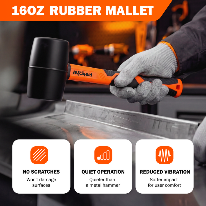 2-Pack Rubber Mallet Hammer Set, 16oz Rubber Hammer & 33mm Double-Faced Soft Mallet with Replaceable Heads and Gloves, Fiberglass Handle, Damage-Free for Flooring, Tile, Woodworking