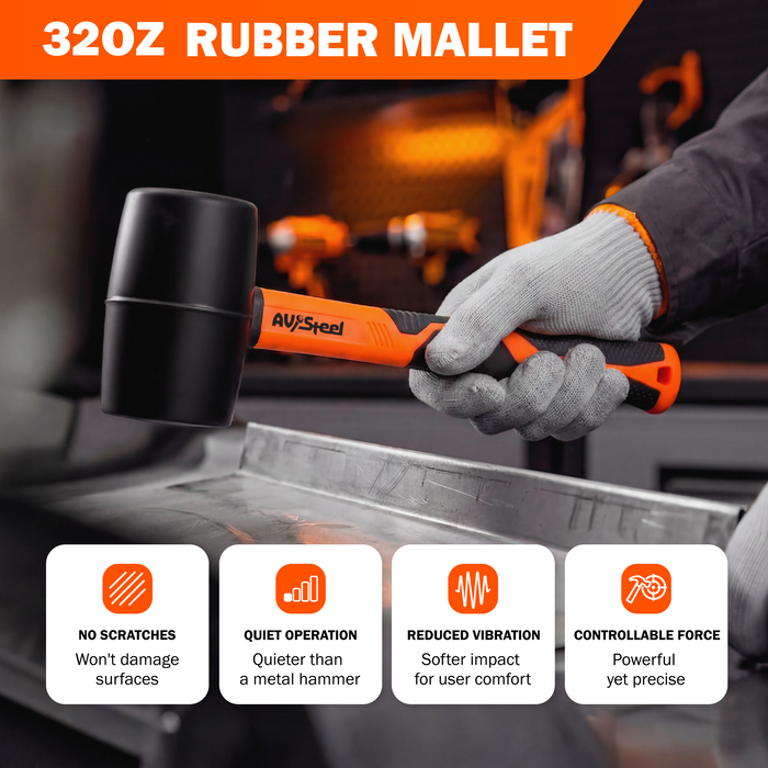 5-Pack Mallet Hammer Set - 32oz Rubber Mallet, 33mm Double-Faced Mallet, 16oz Claw Hammer, 16oz Ball Peen Hammer & 3lb Sledge and Gloves for DIY and Home Repair