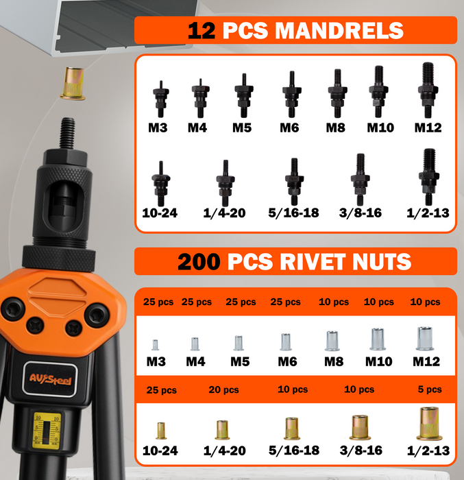 AV Steel 16'' Rivet Nut Tool Kit, Including 12 Upgraded Interchangeable Mandrels & 200Pcs Nuts