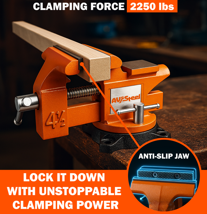AV Steel 4-1/2" Bench Vise with 240° Flexible Swivel Locking Base and Anvil