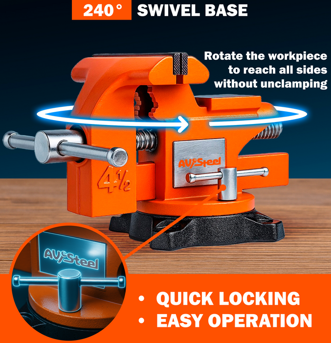 AV Steel 4-1/2" Bench Vise with 240° Flexible Swivel Locking Base and Anvil