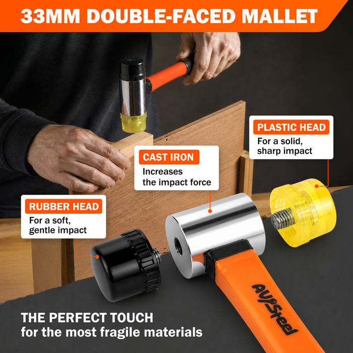 5-Pack Mallet Hammer Set - 32oz Rubber Mallet, 33mm Double-Faced Mallet, 16oz Claw Hammer, 16oz Ball Peen Hammer & 3lb Sledge and Gloves for DIY and Home Repair