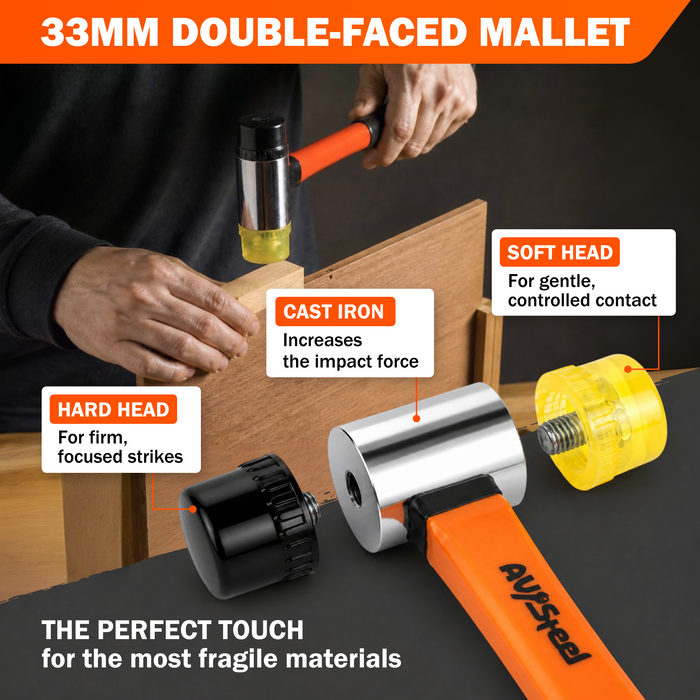 2-Pack Rubber Mallet Hammer Set, 16oz Rubber Hammer & 33mm Double-Faced Soft Mallet with Replaceable Heads and Gloves, Fiberglass Handle, Damage-Free for Flooring, Tile, Woodworking