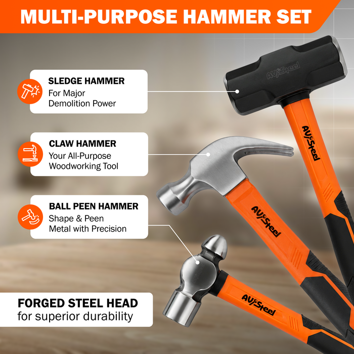 5-Pack Mallet Hammer Set - 32oz Rubber Mallet, 33mm Double-Faced Mallet, 16oz Claw Hammer, 16oz Ball Peen Hammer & 3lb Sledge and Gloves for DIY and Home Repair