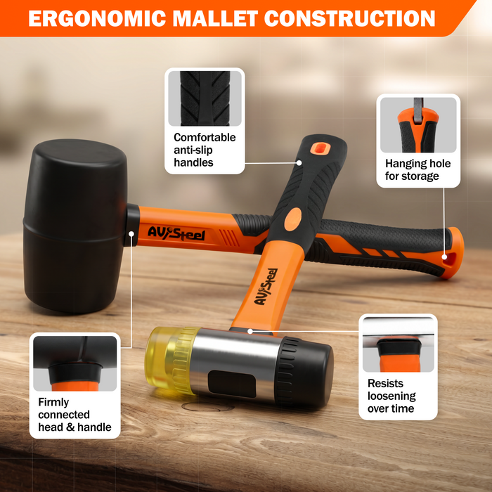 2-Pack Rubber Mallet Hammer Set, 16oz Rubber Hammer & 33mm Double-Faced Soft Mallet with Replaceable Heads and Gloves, Fiberglass Handle, Damage-Free for Flooring, Tile, Woodworking