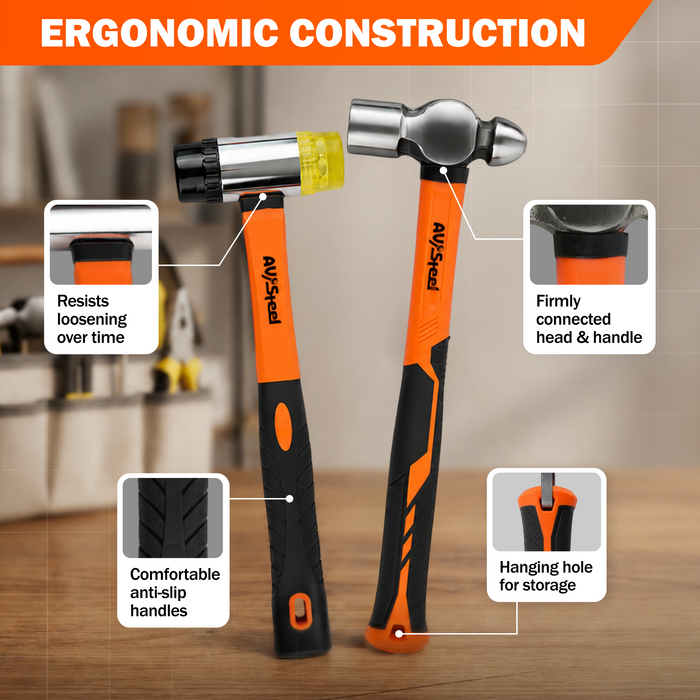 5-Pack Mallet Hammer Set - 32oz Rubber Mallet, 33mm Double-Faced Mallet, 16oz Claw Hammer, 16oz Ball Peen Hammer & 3lb Sledge and Gloves for DIY and Home Repair