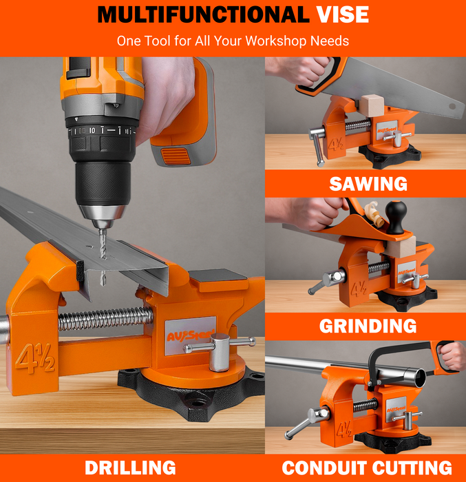 AV Steel 4-1/2" Bench Vise with 240° Flexible Swivel Locking Base and Anvil