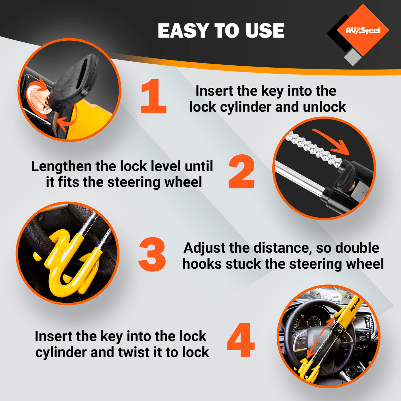 AV Steel Universal Double Hook Steering Wheel Lock – Adjustable Anti-T ...