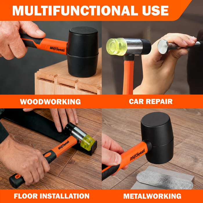 2-Pack Rubber Mallet Hammer Set, 16oz Rubber Hammer & 33mm Double-Faced Soft Mallet with Replaceable Heads and Gloves, Fiberglass Handle, Damage-Free for Flooring, Tile, Woodworking