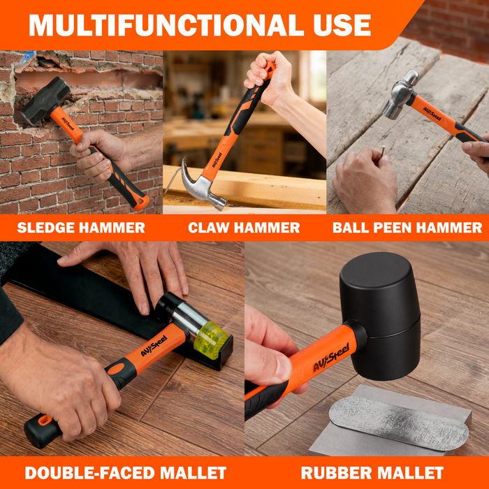 5-Pack Mallet Hammer Set - 32oz Rubber Mallet, 33mm Double-Faced Mallet, 16oz Claw Hammer, 16oz Ball Peen Hammer & 3lb Sledge and Gloves for DIY and Home Repair