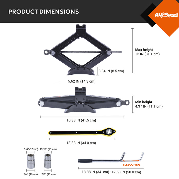1.5-Ton Scissor Jack Kit - Portable Car Lift Jack with Extended Ratcheting Handle and L-Wrench for Cars, SUVs, MPVs, Sedans