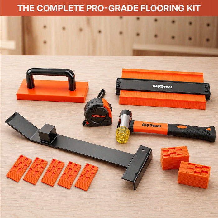 45-Piece Laminate Flooring Tools, Heavy Pull Bar, Solid Tapping Block with Handle, 40 Spacers, 33mm Double-Faced Mallet, Contour Gauge, 16FT Tape Measure for Laminate, Hardwood, Vinyl