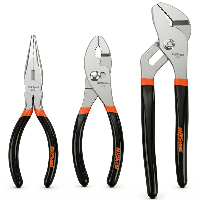 3-Piece Pliers Set, 6" Needle Nose Pliers, 6" Slip Joint Pliers, 8" Groove Joint Pliers with Ergonomic Anti-slip Handle, Multi-Purpose Plier Kit for Home Repair, Plumbing, DIY