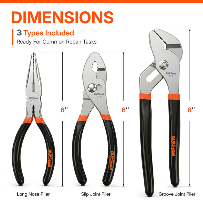 3-Piece Pliers Set, 6" Needle Nose Pliers, 6" Slip Joint Pliers, 8" Groove Joint Pliers with Ergonomic Anti-slip Handle, Multi-Purpose Plier Kit for Home Repair, Plumbing, DIY