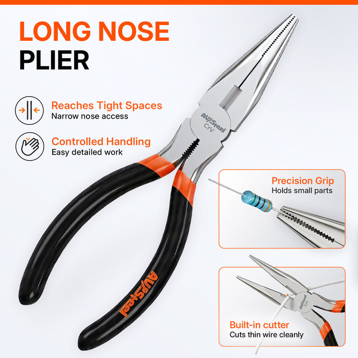 3-Piece Pliers Set, 6" Needle Nose Pliers, 6" Slip Joint Pliers, 8" Groove Joint Pliers with Ergonomic Anti-slip Handle, Multi-Purpose Plier Kit for Home Repair, Plumbing, DIY