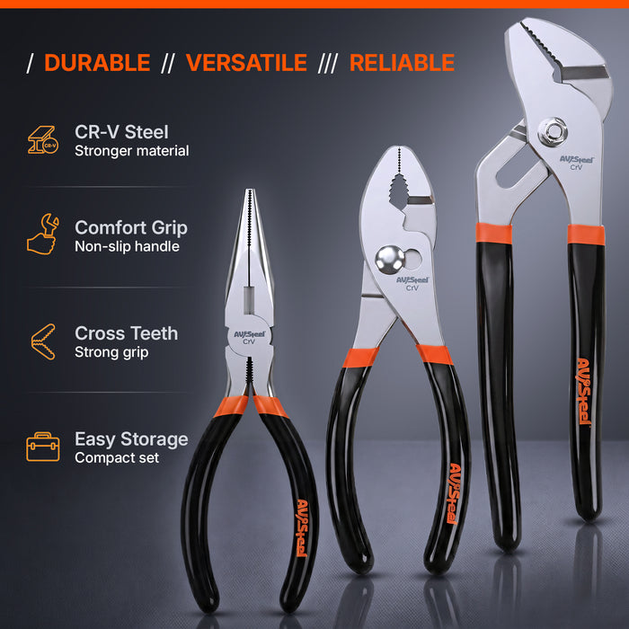 3-Piece Pliers Set, 6" Needle Nose Pliers, 6" Slip Joint Pliers, 8" Groove Joint Pliers with Ergonomic Anti-slip Handle, Multi-Purpose Plier Kit for Home Repair, Plumbing, DIY
