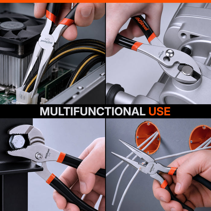 3-Piece Pliers Set, 6" Needle Nose Pliers, 6" Slip Joint Pliers, 8" Groove Joint Pliers with Ergonomic Anti-slip Handle, Multi-Purpose Plier Kit for Home Repair, Plumbing, DIY
