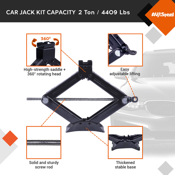 2-Ton Scissor Jack Kit - Portable Car Lift Jack with Extended Ratcheting Handle and L-Wrench for Cars, SUVs, MPVs, Sedans