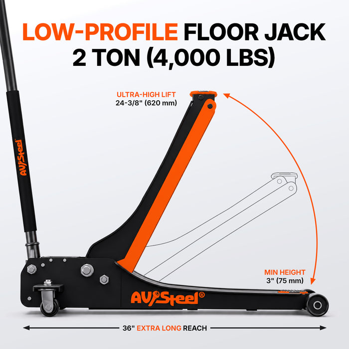 Low Profile Floor Jack 2 Ton (4,000 lbs), Lift Range 3" to 24-3/8" for Cars & Light SUVs, Hydraulic Steel Floor Jack with Dual Piston Pump - Not for Trucks, Heavy SUVs or RVs