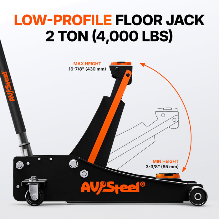 Low Profile Floor Jack 2 Ton (4,000 lbs), Lift Range 3-3/8" to 16-7/8" for Passenger & Sports Cars, Hydraulic Steel Floor Jack with Dual Piston Pump - Not for Trucks, SUVs or RVs