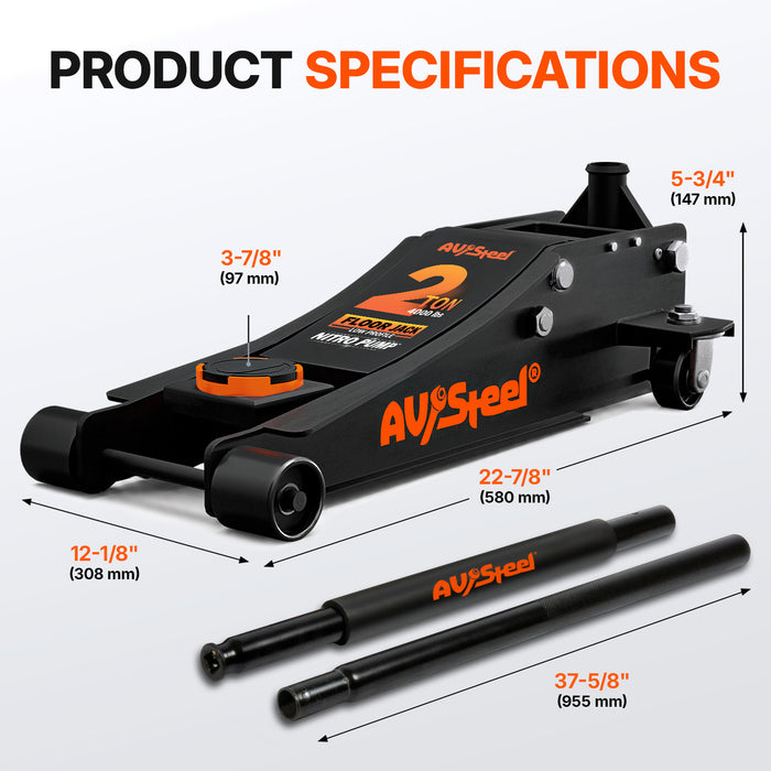 Low Profile Floor Jack 2 Ton (4,000 lbs), Lift Range 3-3/8" to 16-7/8" for Passenger & Sports Cars, Hydraulic Steel Floor Jack with Dual Piston Pump - Not for Trucks, SUVs or RVs
