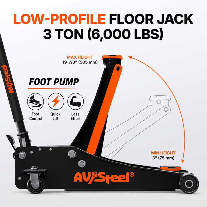 Low Profile Floor Jack 3 Ton (6,000 lbs), Lift Range 3" to 19-7/8" for Cars, Minivans & Standard SUVs, Hydraulic Steel Floor Jack with Dual Piston Pump, Foot Pump - Not for Heavy-Duty Trucks
