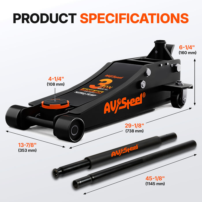 Low Profile Floor Jack 3 Ton (6,000 lbs), Lift Range 3" to 19-7/8" for Cars, Minivans & Standard SUVs, Hydraulic Steel Floor Jack with Dual Piston Pump, Foot Pump - Not for Heavy-Duty Trucks