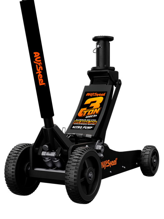 Aluminum and Steel Off-Road Floor Jack, 3 Ton, Big Wheels, Extension Adapter, Lifting Range 5-1/8" to 27-9/16"