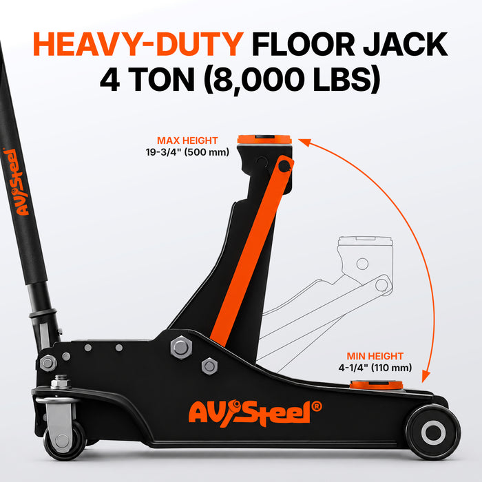 Heavy-Duty Floor Jack 4 Ton (8,000 lbs), Lift Range 4-1/4" to 19-3/4" for Cars, Vans, SUVs & Pickup Trucks, Hydraulic Steel Floor Jack with Dual Piston Pump - Not for Sports Cars or RVs