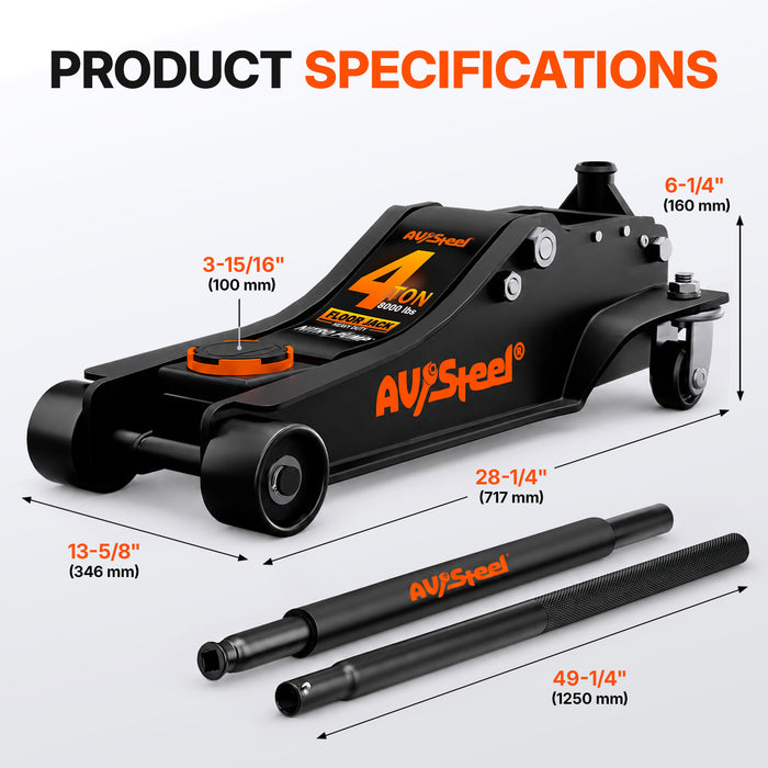 Heavy-Duty Floor Jack 4 Ton (8,000 lbs), Lift Range 4-1/4" to 19-3/4" for Cars, Vans, SUVs & Pickup Trucks, Hydraulic Steel Floor Jack with Dual Piston Pump - Not for Sports Cars or RVs