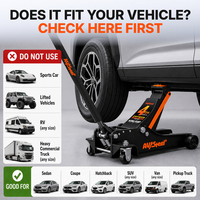 Heavy-Duty Floor Jack 4 Ton (8,000 lbs), Lift Range 4-1/4" to 19-3/4" for Cars, Vans, SUVs & Pickup Trucks, Hydraulic Steel Floor Jack with Dual Piston Pump - Not for Sports Cars or RVs