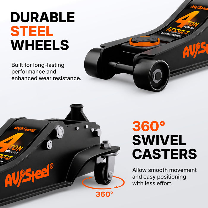 Heavy-Duty Floor Jack 4 Ton (8,000 lbs), Lift Range 4-1/4" to 19-3/4" for Cars, Vans, SUVs & Pickup Trucks, Hydraulic Steel Floor Jack with Dual Piston Pump - Not for Sports Cars or RVs